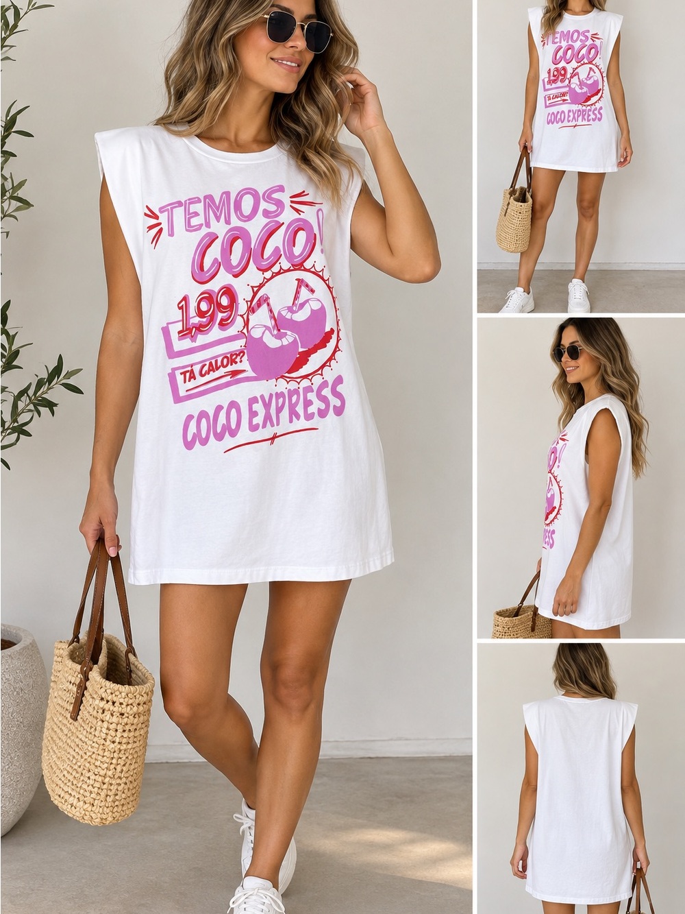 Farm Rio Temos Coco White Graphic Padded Shoulder T-Shirt Dress Size L